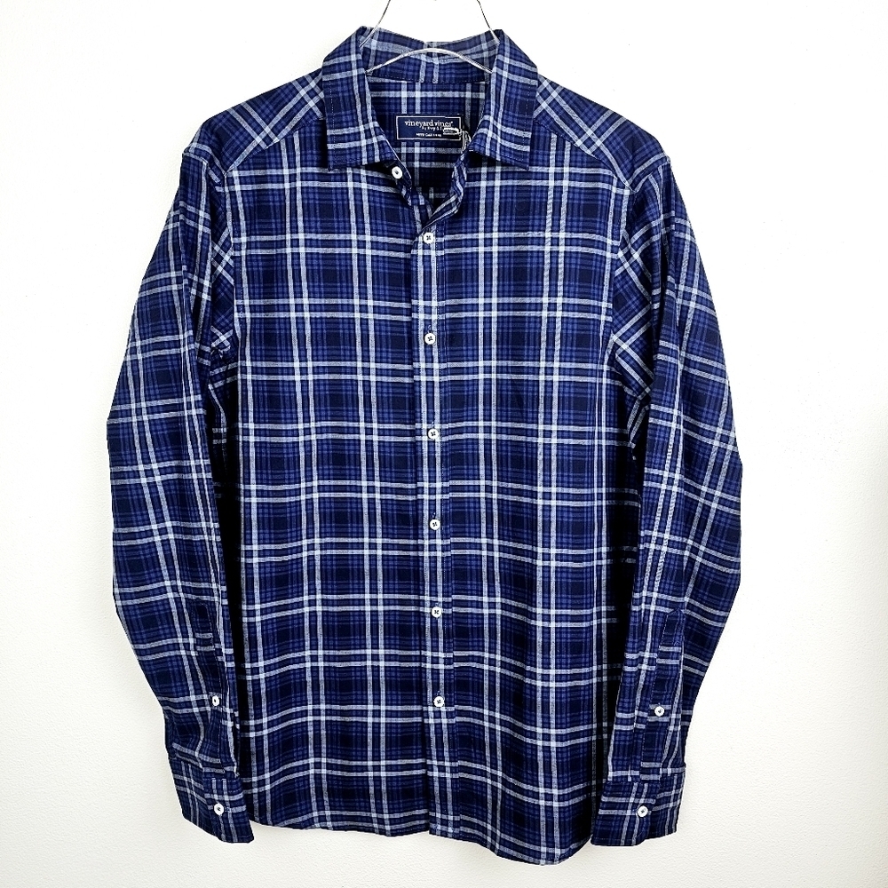 Vineyard Vines Classic Fit Blue Plaid Cashmere Blend Button Front Shirt NWT